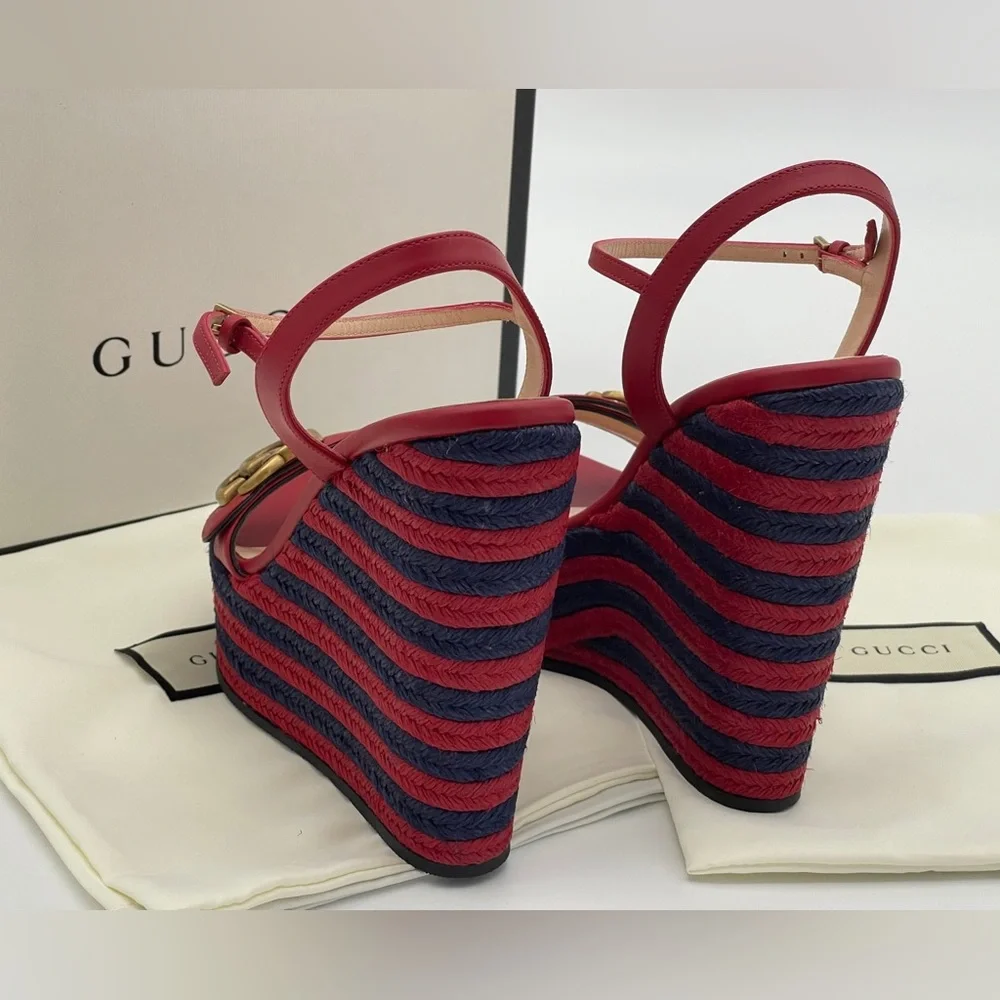 Authentic GUCCI Marmont Double G Leather Espadrille Platform Sandals